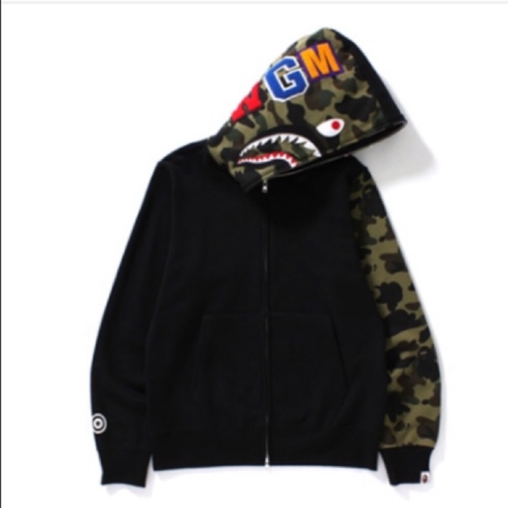 BAPE Shark Full Zip Hoodie Camo Sleeve Black